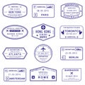 Visa stamp set. Arrival and Departure stamps from passport. Vector illustration Royalty Free Stock Photo